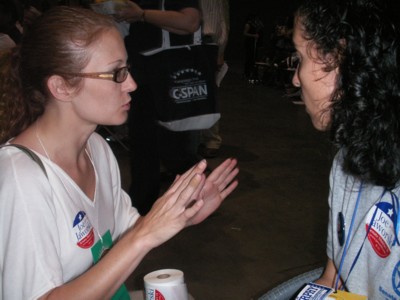 Madi talks with manager